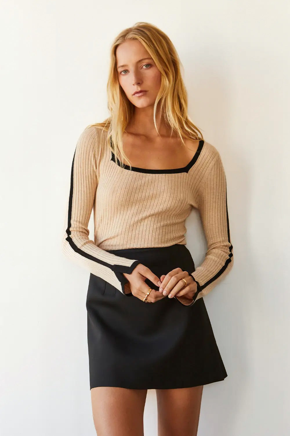 Oatmeal Contrast Detail Square Knit Top