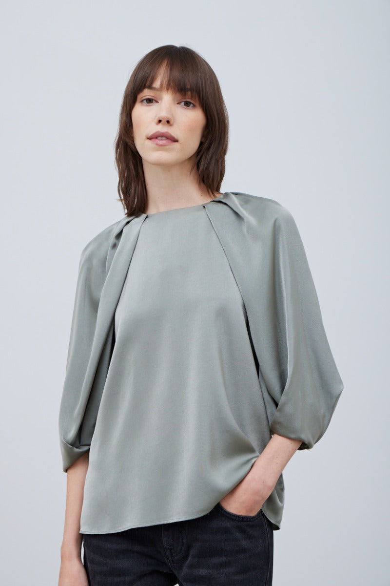 Dusty Sage Blossom Sleeve Satin Top