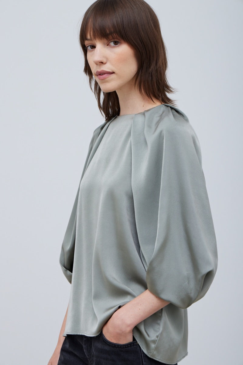 Dusty Sage Blossom Sleeve Satin Top