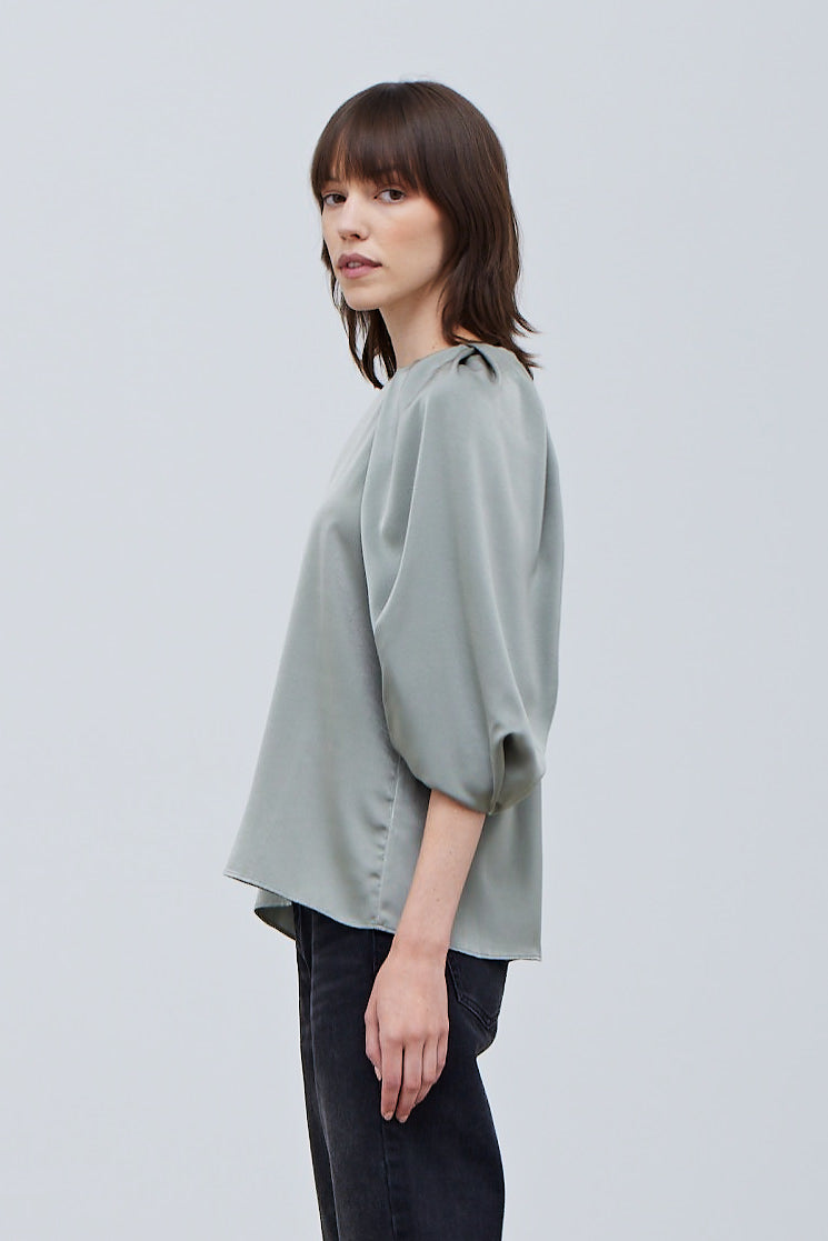 Dusty Sage Blossom Sleeve Satin Top