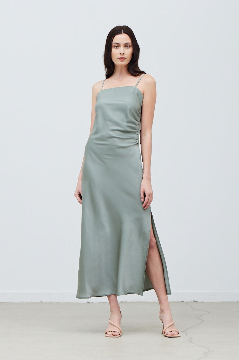 Dusty Sage Gathered Side Slip Dress