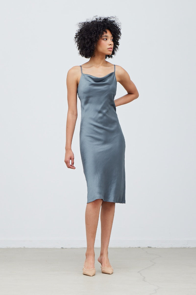 Blue Granite Cowl Neck Satin Dress