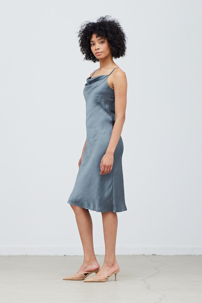 Blue Granite Cowl Neck Satin Dress