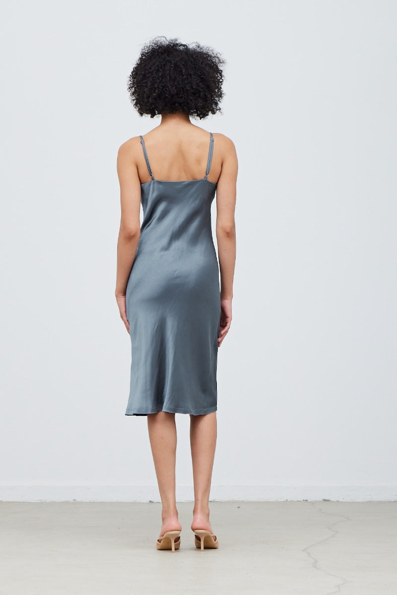 Blue Granite Cowl Neck Satin Dress